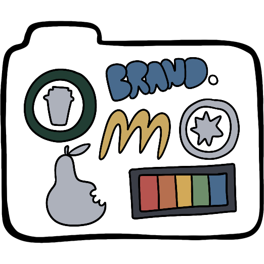 light blue file folder on which Several logos are visible, with one being a dark green ring around a silhouette of a coffee cup, one being bubble letters of the word 'brand' with a period at the end, a three-bump yellow m-like shape, a white kiki shape in a matching white ring, a white silhouette of a pear with a bite taken out of it, and a gray box with five sections of color going red, orange, yellow, green, and blue.